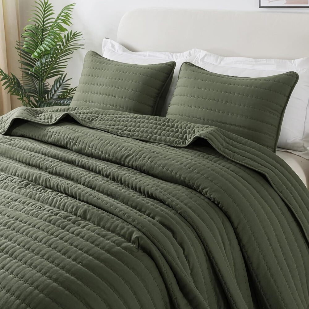 Olive Green Twin Size Quilt Set, Striped Pick Stitch Lightweight